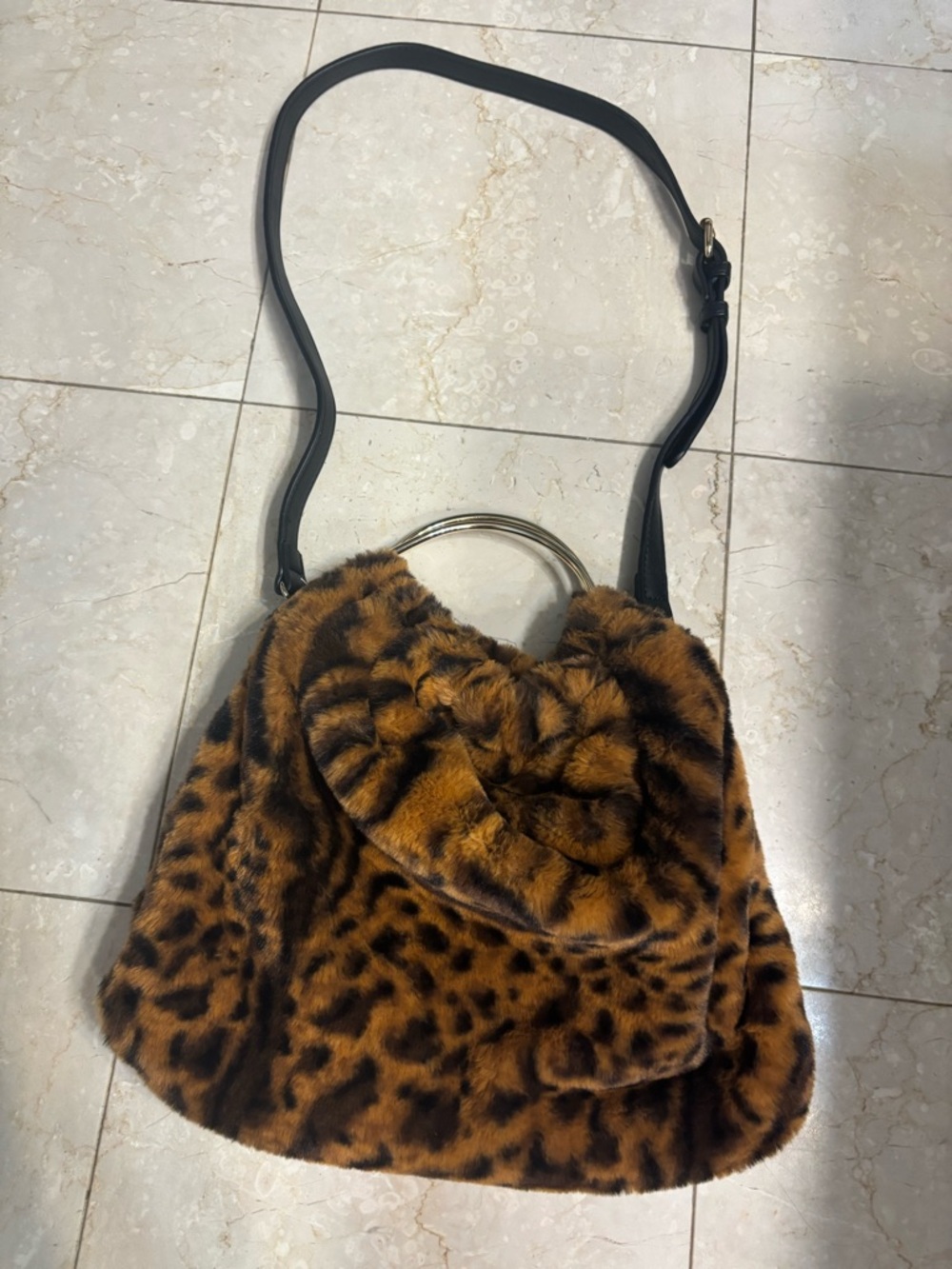 Street Level Leopard Print Faux Fur Shoulder Bag with Gold Ring Handle